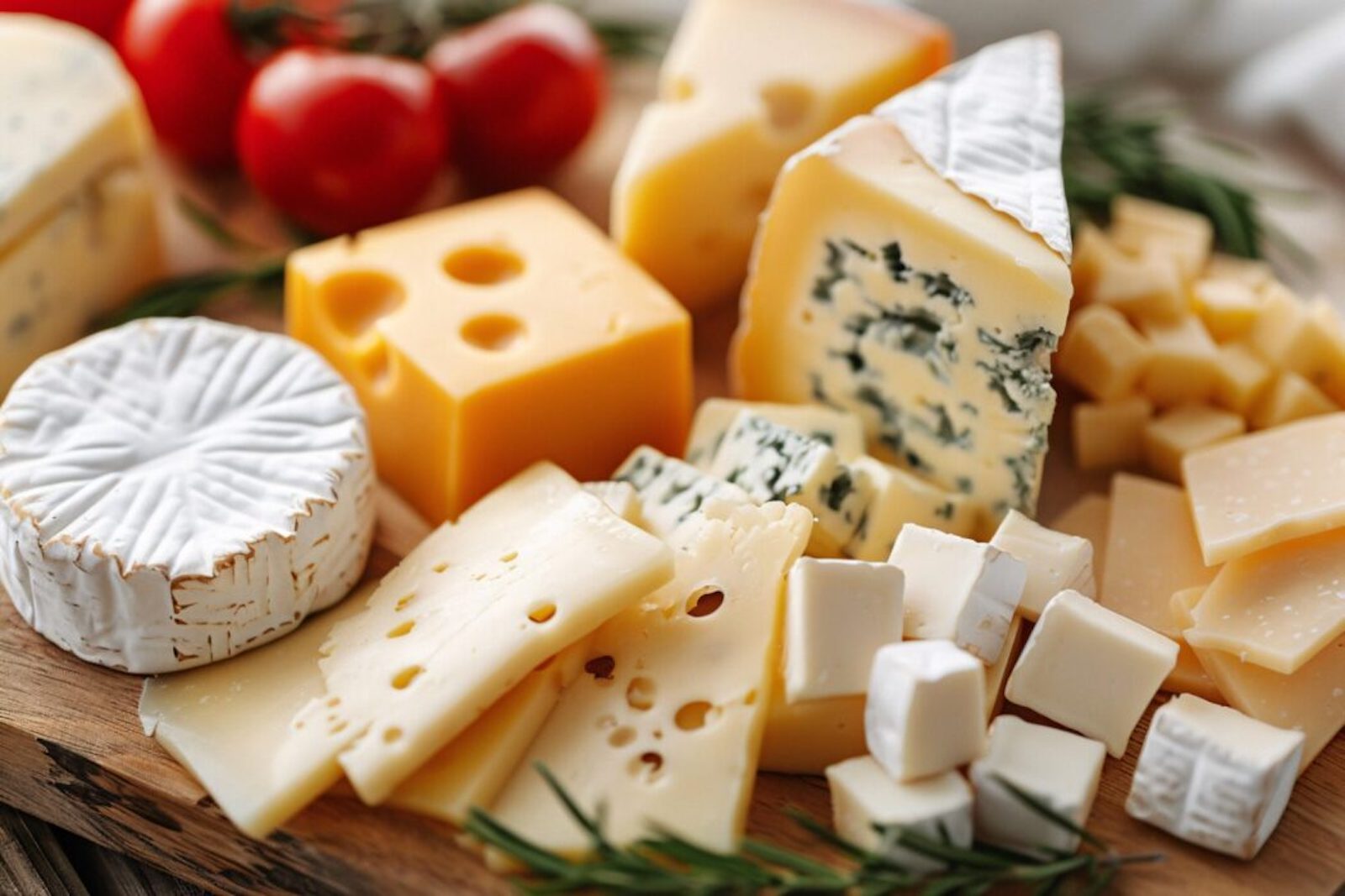 Assortment of cheese on wooden table, closeup. Dairy products. Cheese Selection. Large assortment of international cheese specialities.